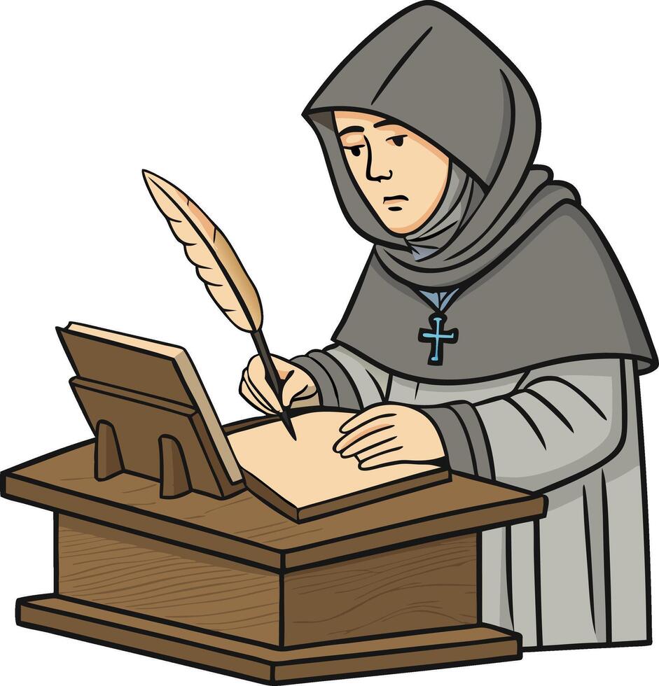 Monk Writing with Quill Feather in Traditional Attire Illustration vector