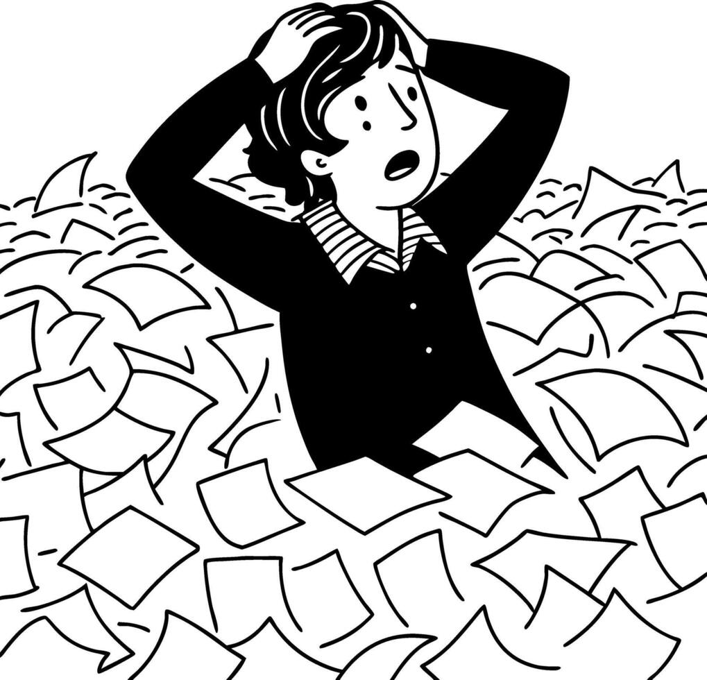 Overwhelmed Person Surrounded by Piles of Paper Illustrating Stress and Anxiety in Work Environment vector