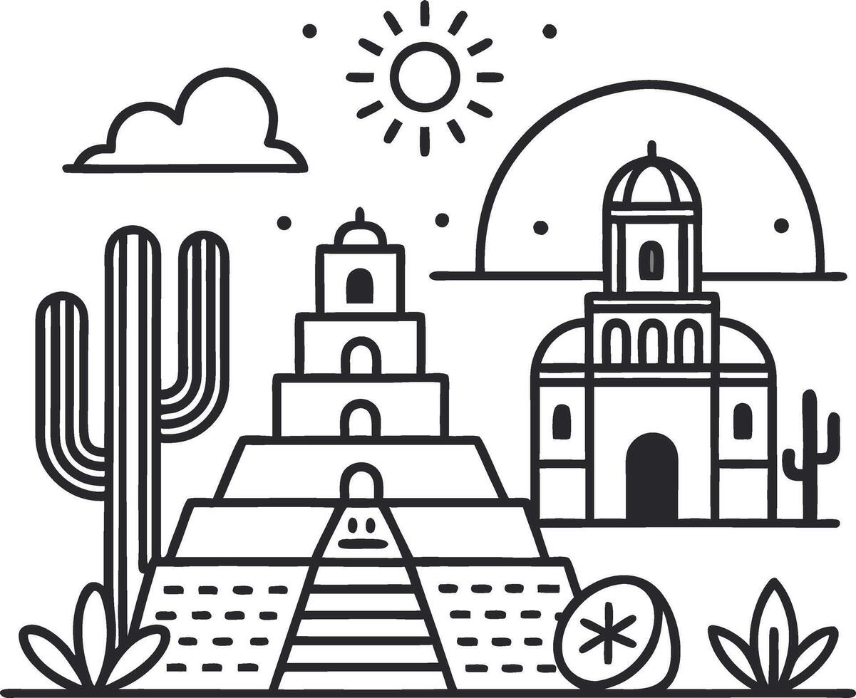 Ancient Pyramid Desert Landscape with Cactus Sun and Clouds for Travel and Adventure Theme vector