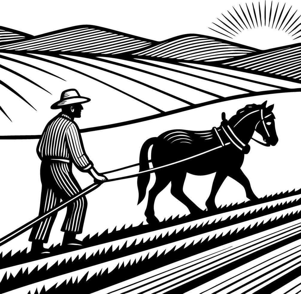 Farmer Plowing Fields with Horse in Scenic Landscape at Sunrise for Farming Themes vector
