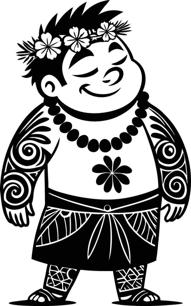 Smiling Hawaiian Boy Character with Tribal Tattoos and Floral Crown for Cartoons Crafts and Tattoos vector