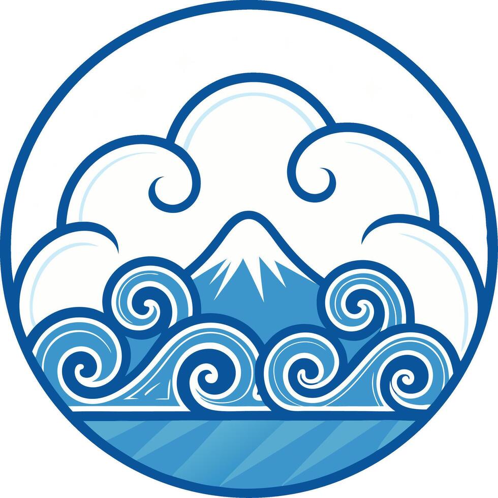 Majestic Mountain and Waves in Circle Traditional Japanese Art Style Illustration vector