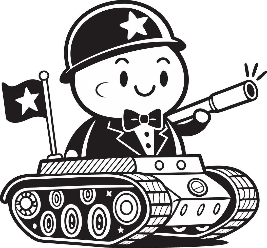 Charming Cartoon Soldier in Tuxedo Riding a Tank for Fun Illustrations and Design Projects vector