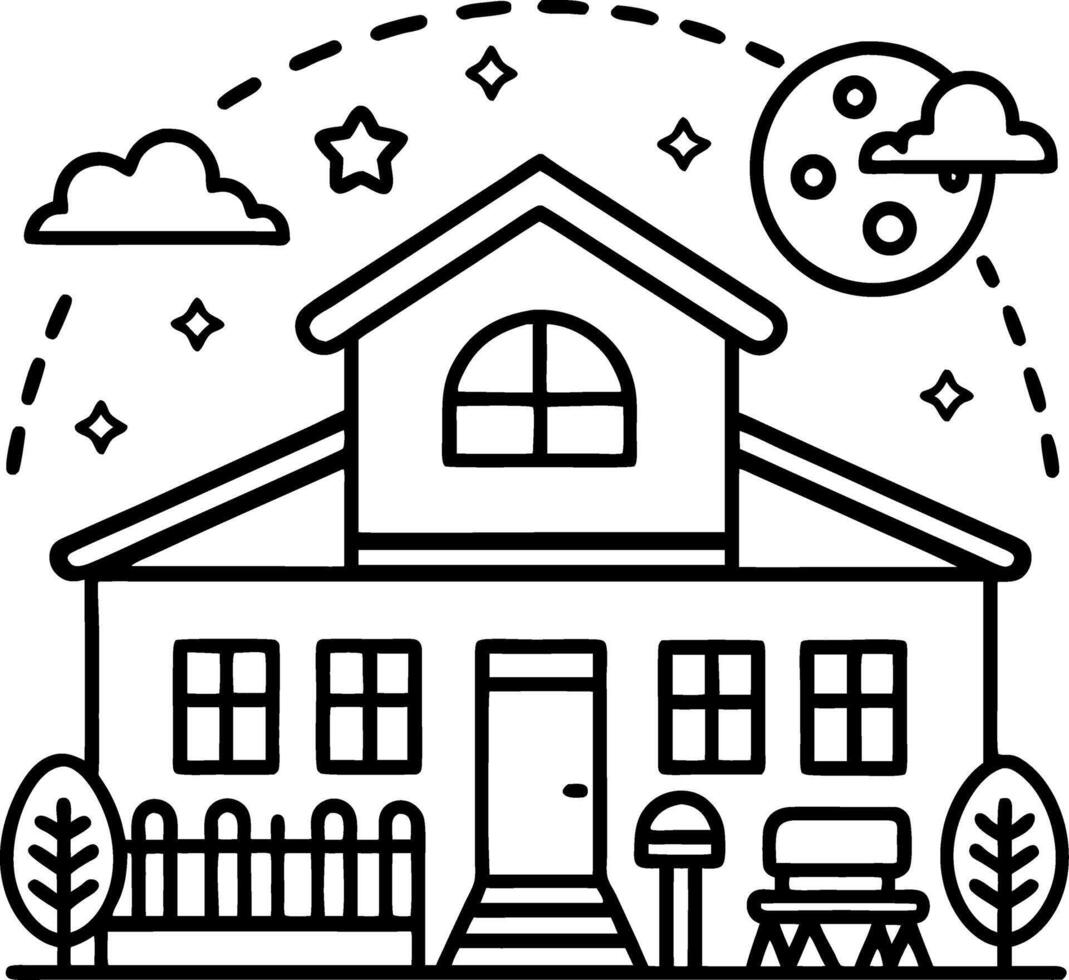 Charming House with Garden and Starry Sky Illustration for Home Decor and Craft Projects vector