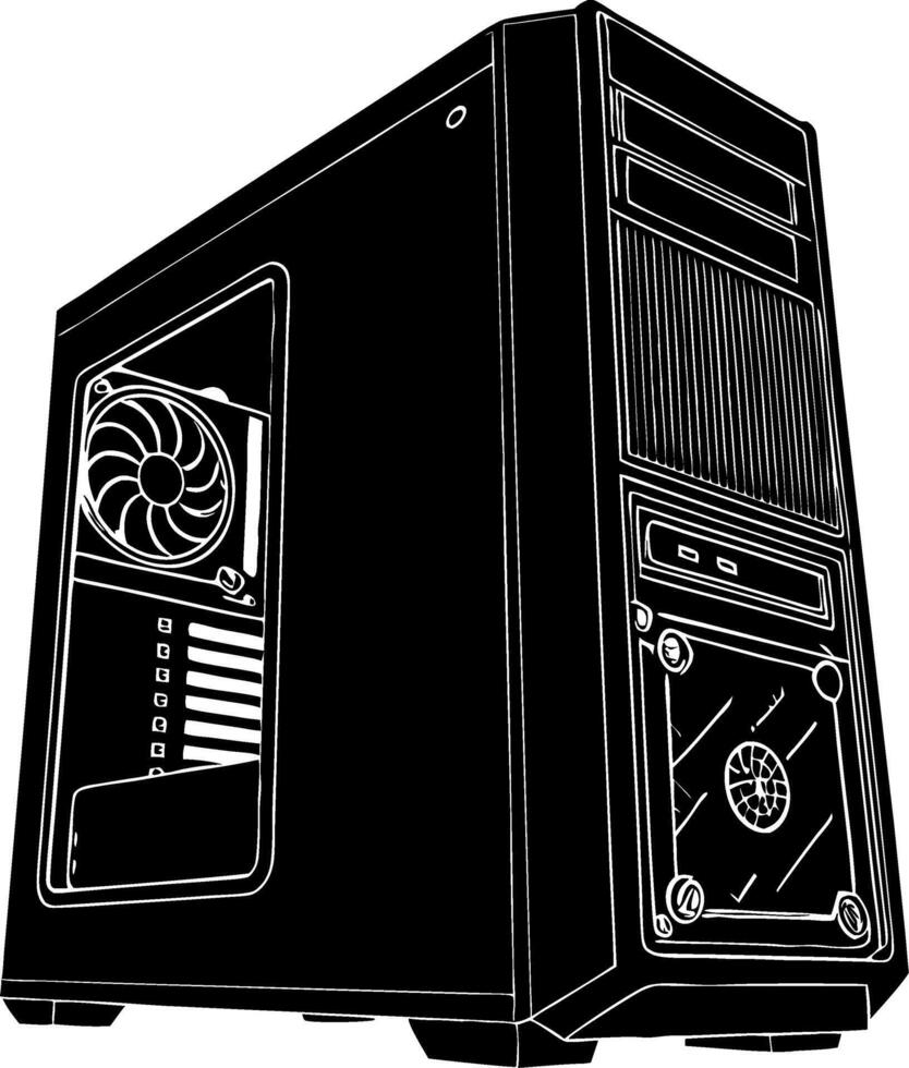 Detailed Illustration of High-Performance Computer Tower Case Design for Technical Graphics vector