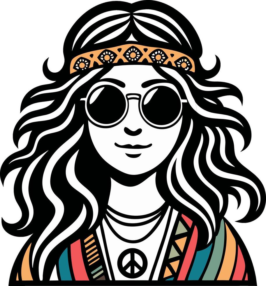 Bohemian Girl with Sunglasses and Peace Symbol Stylish Retro Design for Tattoos and Art Prints vector