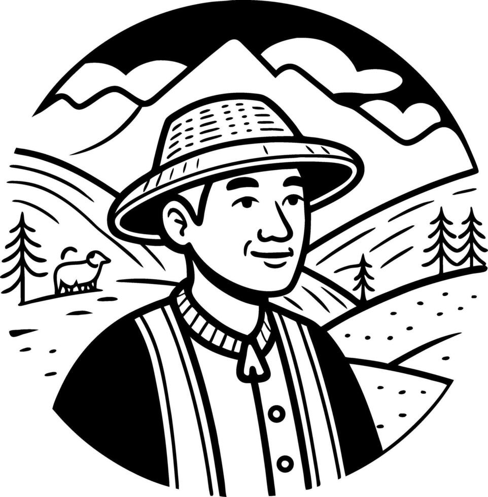 Mountain Farmer Portrait with Landscape Scenic Details for Nature Inspired Projects vector