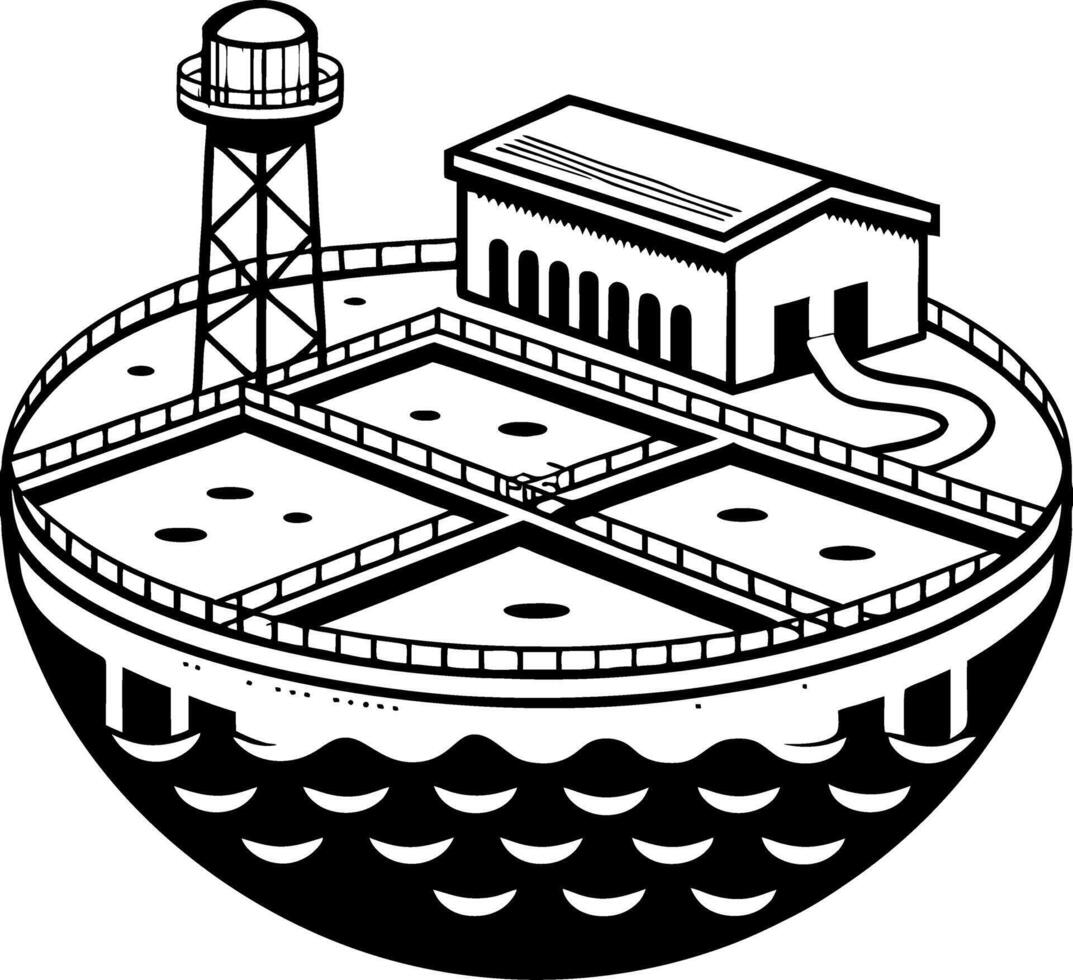 Industrial Water Treatment Facility Illustration with Water Tower and Storage Tanks vector