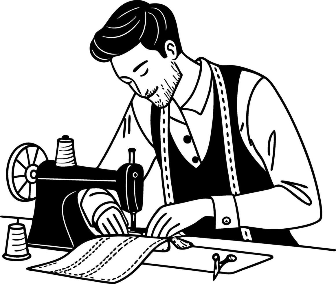 Tailor Working with Sewing Machine Creating Garments Detailed Illustration vector