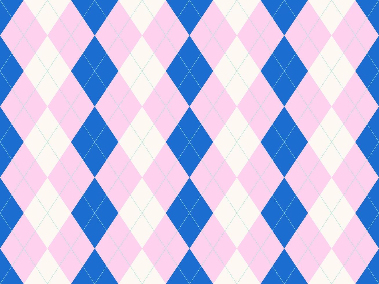 Vibrant argyle pattern in pink, blue, and cream. Perfect for backgrounds, textiles, or playful designs. This cheerful, classic diamond pattern evokes feelings of sophistication and fun. vector