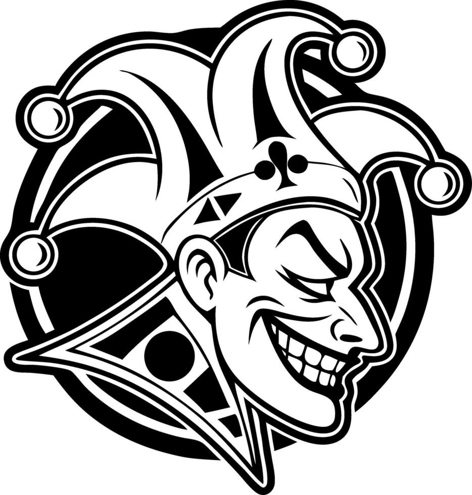 Menacing Jester Head Illustration for Tattoo Design and Gaming Graphics vector