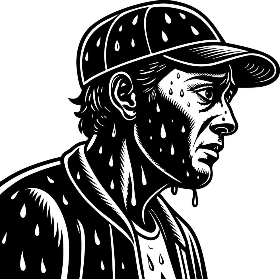 Drenched Man in Cap with Rain Droplets for Expressive Art Mascot Designs and Illustrations vector