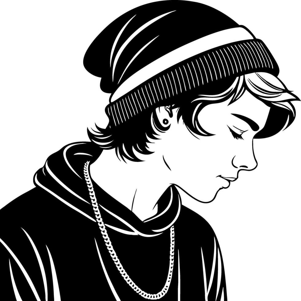 Stylish Young Man Profile Illustration with Beanie and Chain for Tattoo and Graphic Design vector