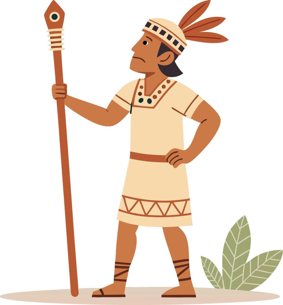 Indigenous Warrior Holding Spear in Traditional Attire with Vibrant Feathers and Leaves vector