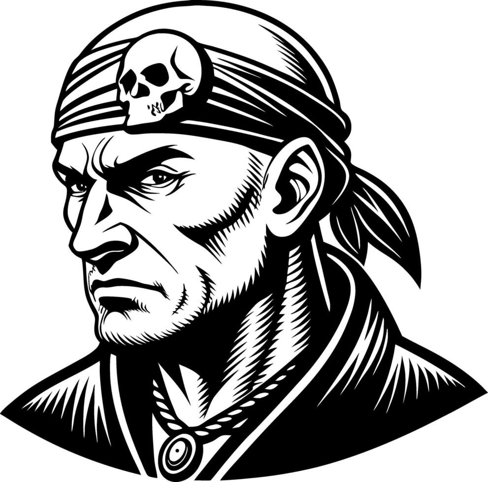 Bold Pirate Captain Portrait with Skull Bandana for Tattoo Design and Illustration Projects vector