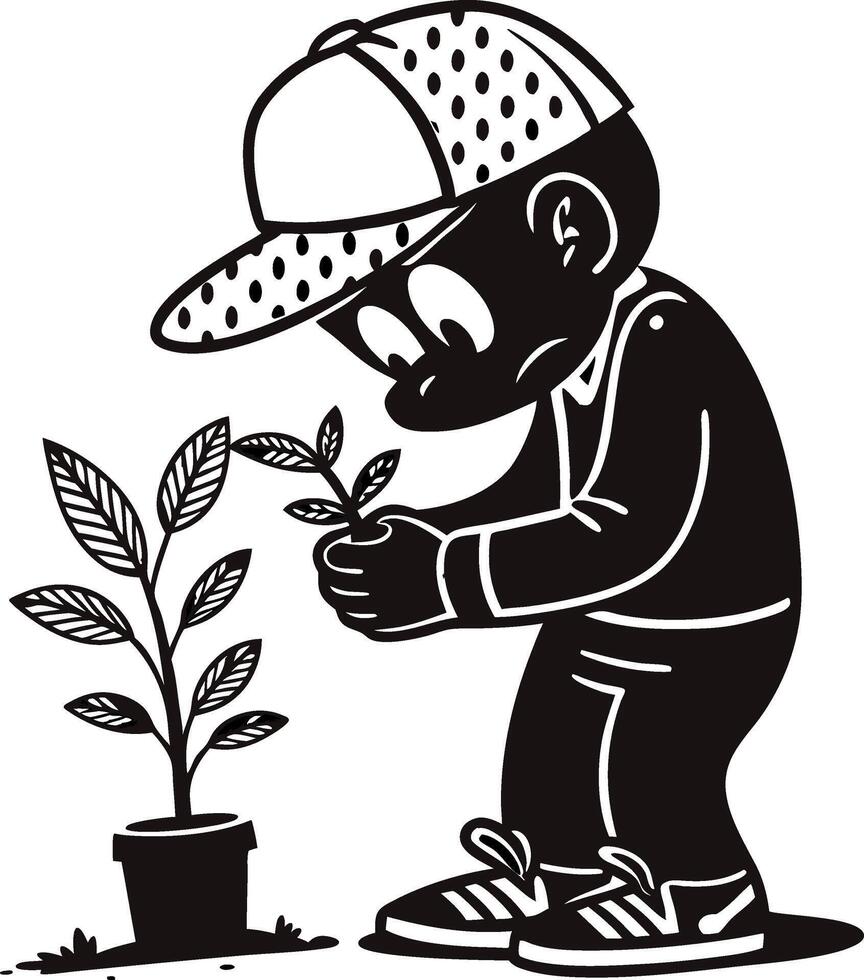 Young Gardener Nurturing Plant in Pot Cartoon Style Illustration for Eco Education and Art vector