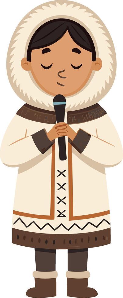 Inuit Child Singing with Microphone in Traditional Arctic Clothing Illustration vector