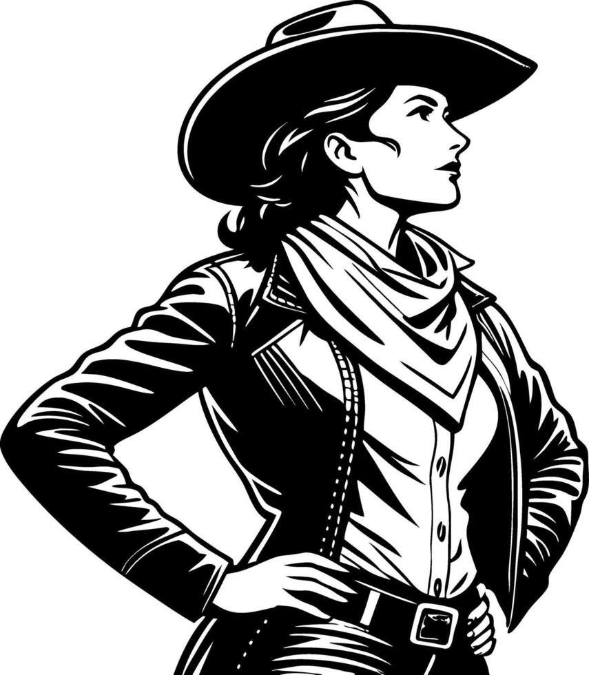 Strong Confident Cowgirl Portrait in Western Attire with Stylish Hat and Scarf vector