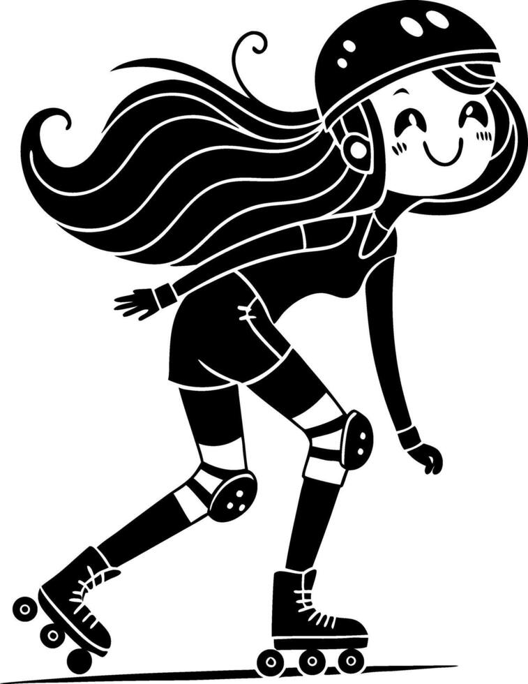 Playful Young Girl Roller Skating with Long Hair and Helmet in Dynamic Motion vector