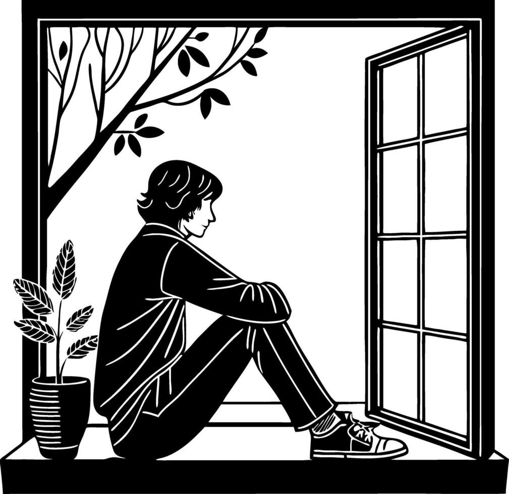 Contemplative Man Sitting by Window with Leafy Plant in Black and White Illustration vector