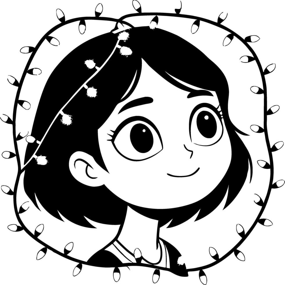 Cute Girl with Holiday Lights Around Her Head for Coloring and Tattoo Designs vector