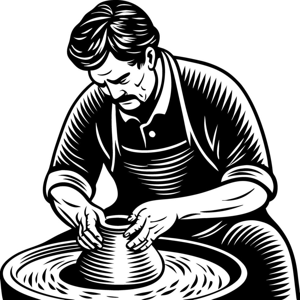 Potter Shaping Clay Masterfully on a Wheel for Artistic Creations and Ceramics Projects vector