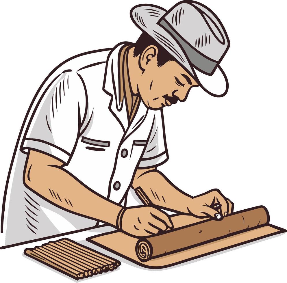 Cigar Roller Crafting Handcrafted Cigars with Pens and Leaves for Authentic Tobacco Experience vector