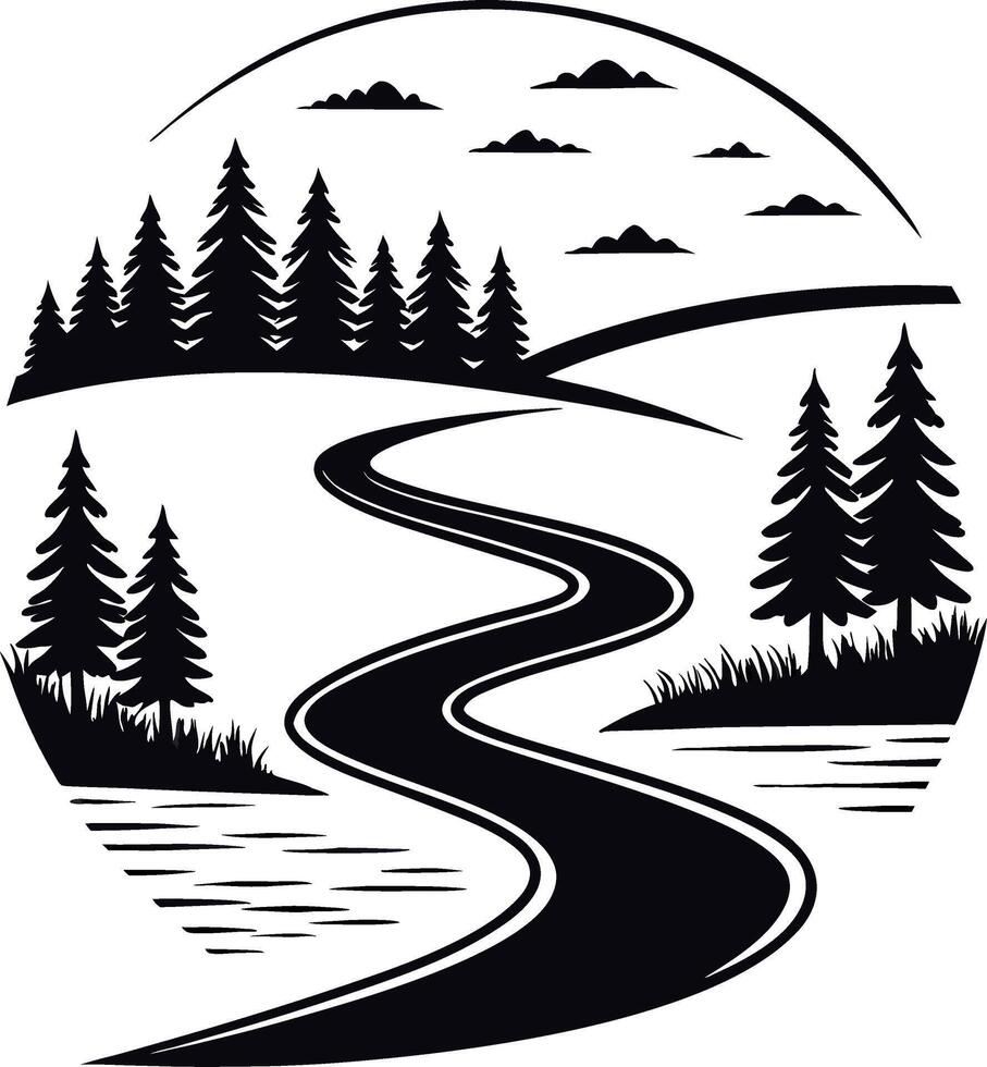 Scenic Mountain Landscape with Curved Road and Pine Trees Silhouette Design vector