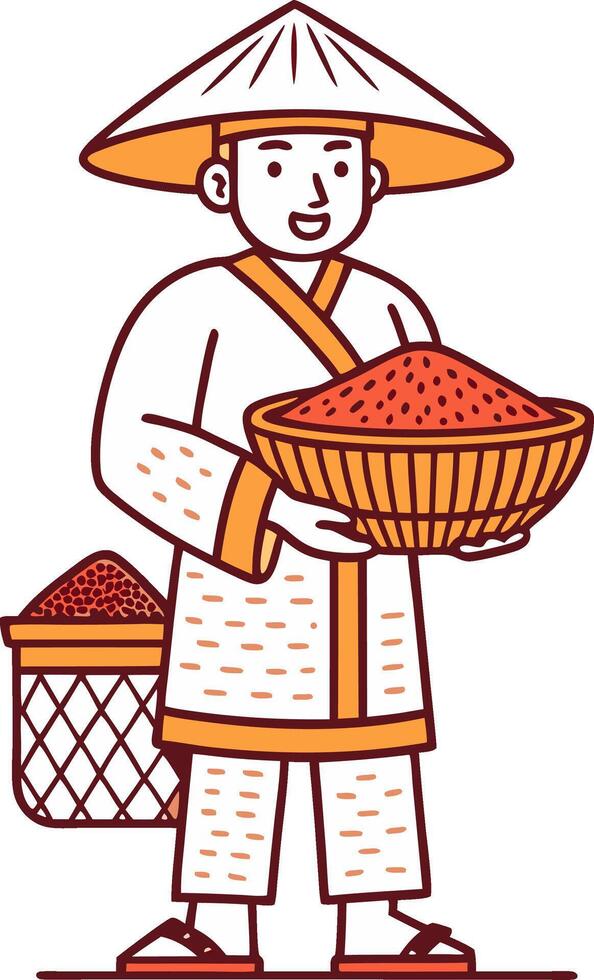 Traditional Farmer Holding Bowl of Spices with Harvest Basket Asian Culture Design vector