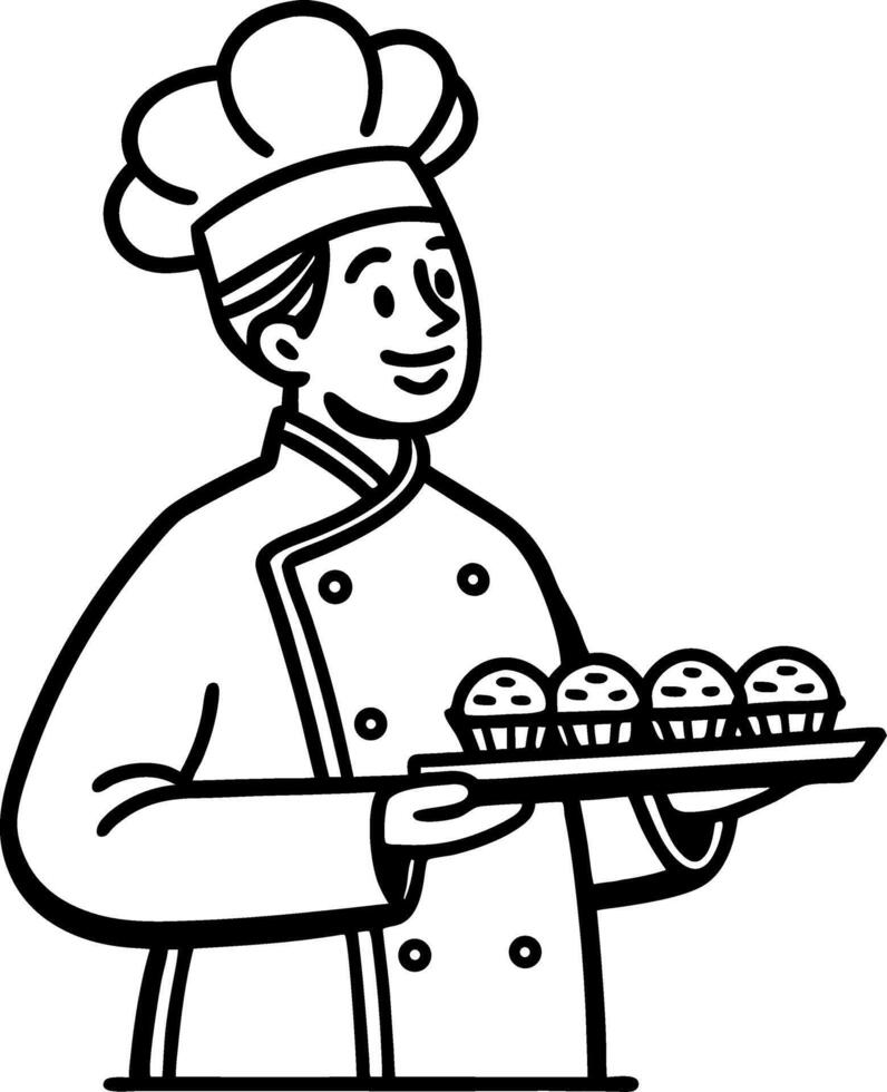 Chef Holding Tray of Delicious Muffins Cartoon Drawing for Culinary Creations and Design vector