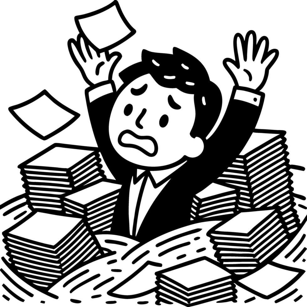 Overwhelmed Businessman Struggling in a Sea of Paperwork and Stressed Expression for Motivation vector