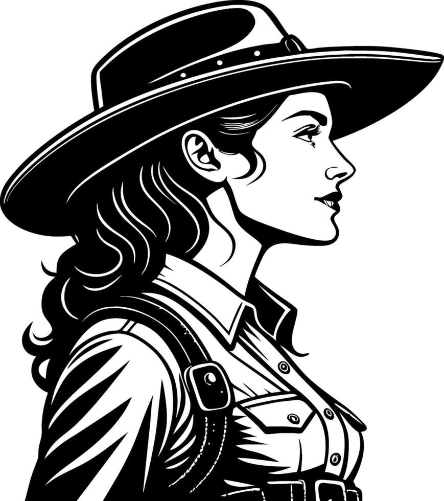 Cowgirl Portrait Illustration Vintage Style Wild West Rodeo Art for Tattoo and Decor vector