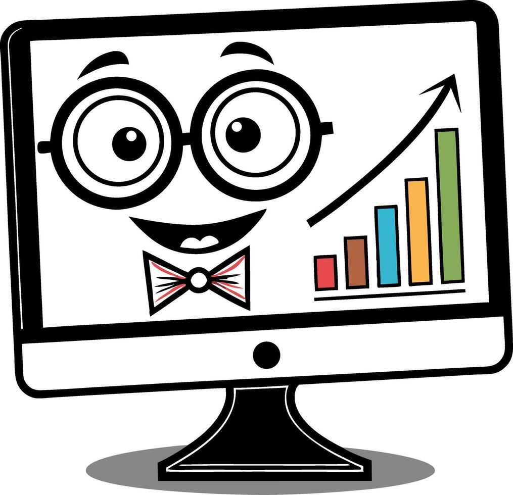 Cheerful Computer Screen Character with Glasses and Growing Bar Graph for Educational Purposes vector