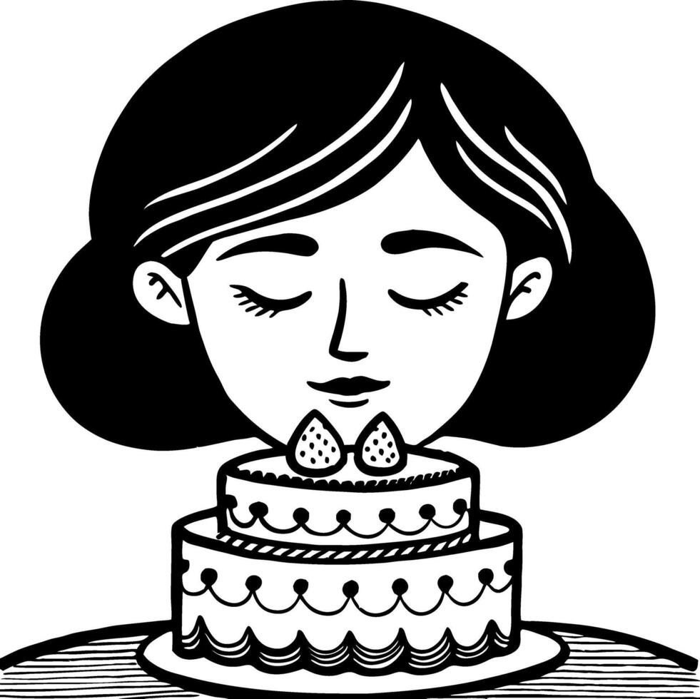 Girl Enjoying Cake with Strawberries Minimalist Black and White Illustration for Festive Occasions vector