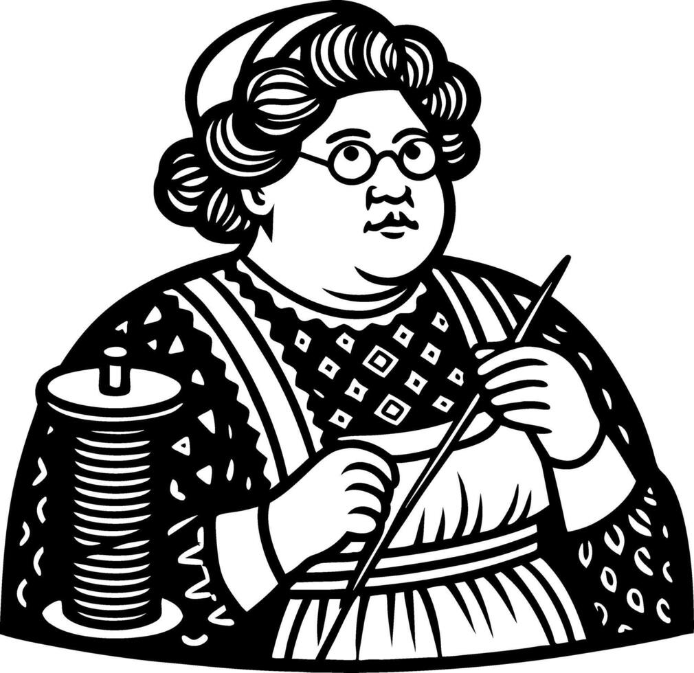 Vintage Seamstress Holding Needle and Thread with Spool of Yarn for Crafting and Sewing Projects vector