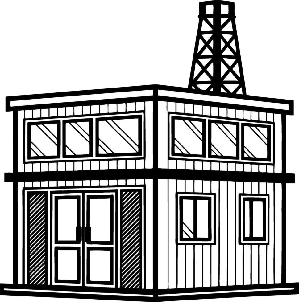 Detailed Industrial Building with Observation Deck and Windows for Architecture or Design Projects vector