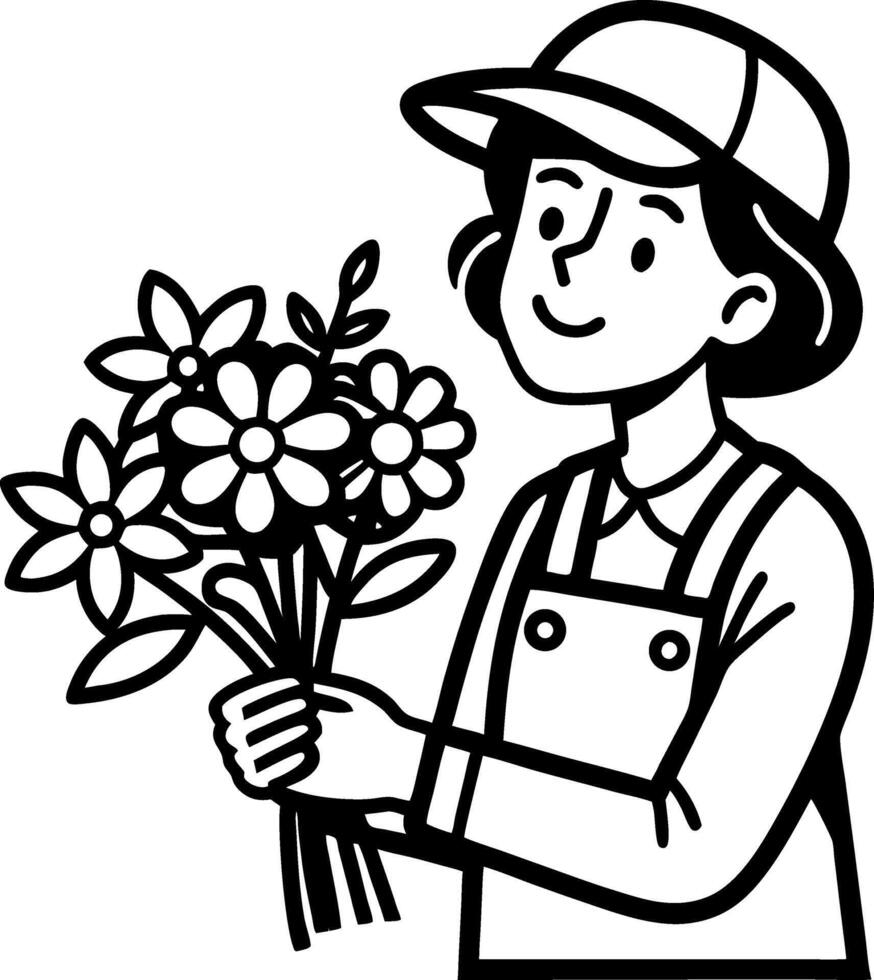 Cheerful Flower Gardener Holding a Fresh Bouquet in Stylish Overalls for Nature Inspired Designs vector