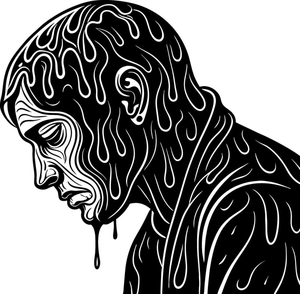 Melancholic Man with Flowing Tears Black and White Art for Tattoo Design and Decor vector