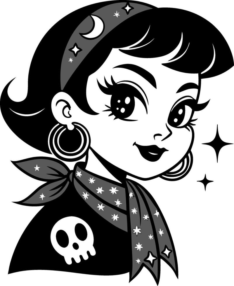 Punk Rock Girl Illustration with Skull Bandana and Starry Accessories for Tattoo Design vector