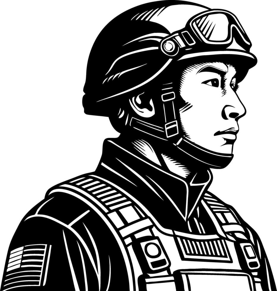 Profile of a Determined Soldier in Tactical Gear for Military Art and Design Projects vector