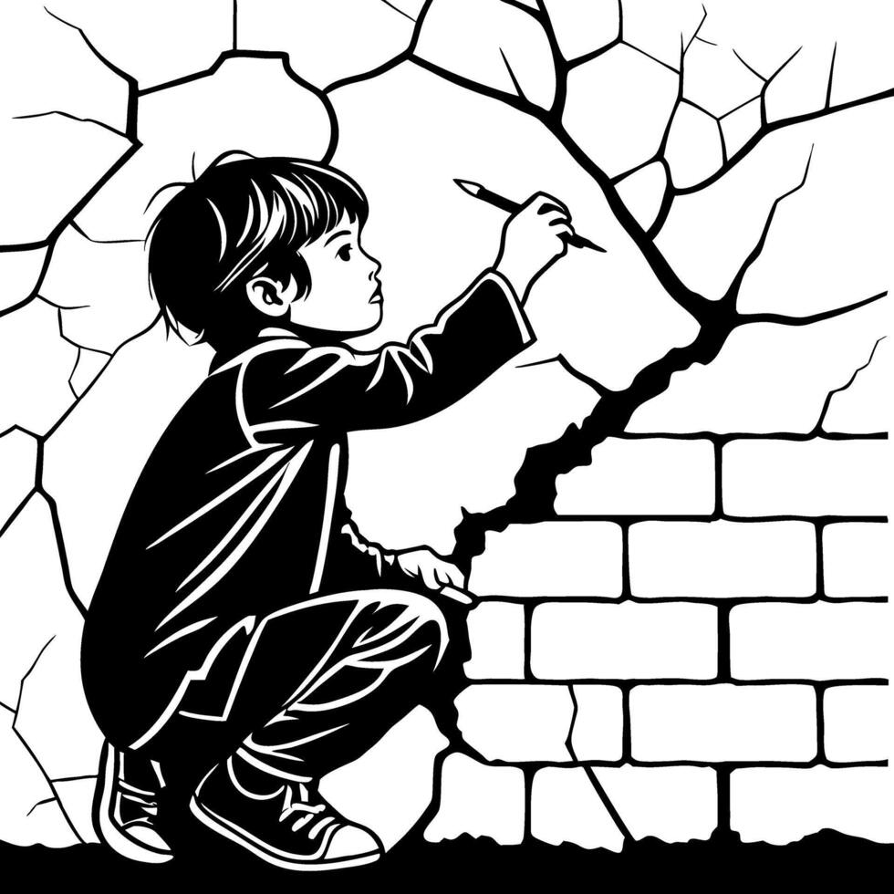 Creative Child Drawing on Cracked Wall with Pencil Illustration for Coloring Book and Art Projects vector