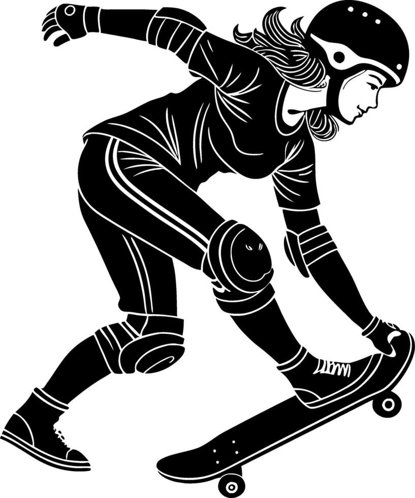 Dynamic Female Skateboarder in Action with Helmet and Protective Gear vector