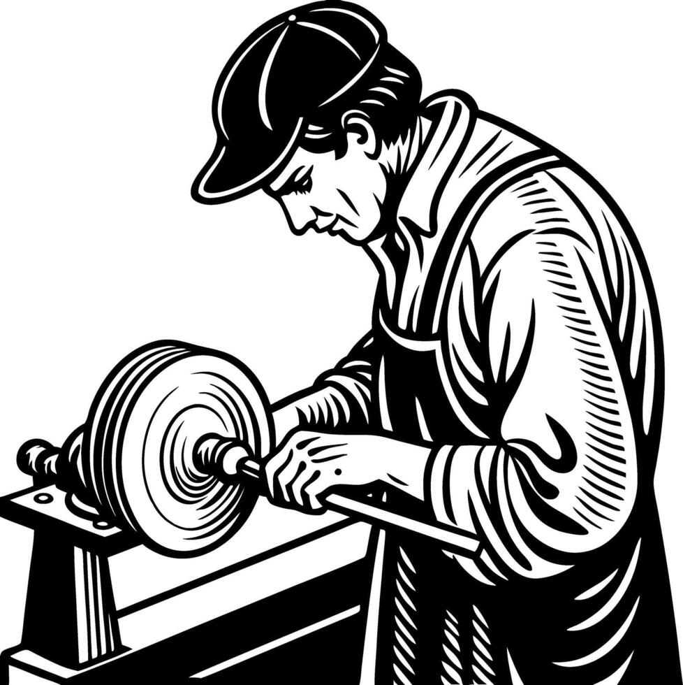 Craftsman Working on Wood Lathe in Vintage Style for DIY Projects and Woodworking Enthusiasts vector