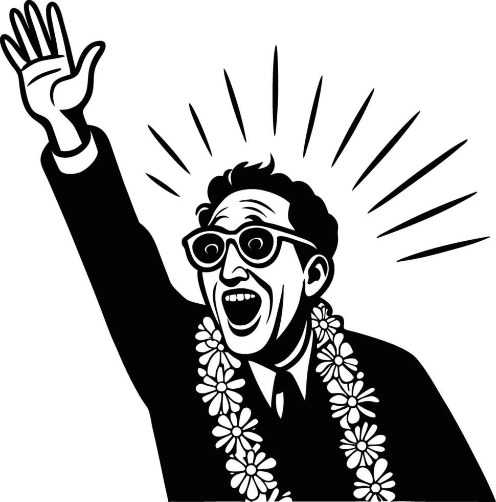 Excited Man in Sunglasses with Flower Lei Raising Hand in Celebration Art Design vector