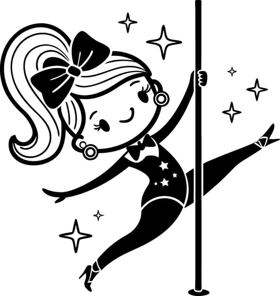 Playful Cute Girl Dancing on Pole with Stars Bow Tie and High Heels Ideal for Coloring and Crafts vector