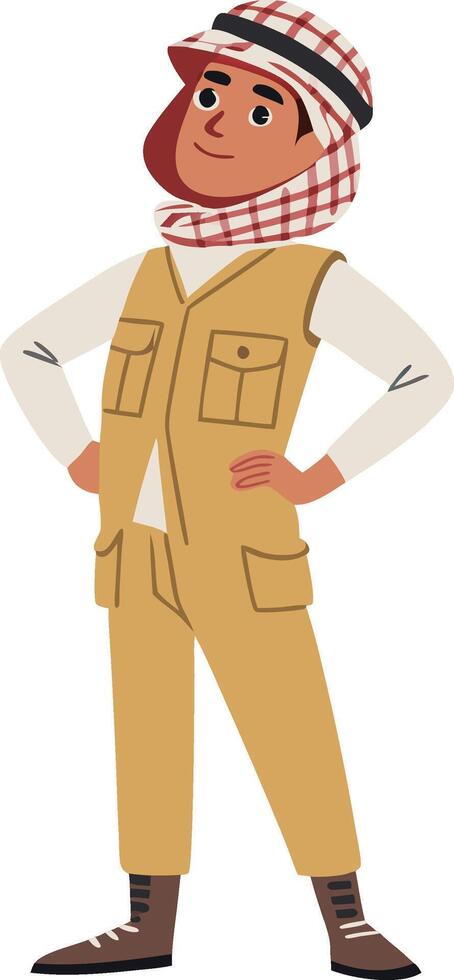 Confident Boy in Traditional Clothing with Vest and Headscarf for Cultural Illustrations vector