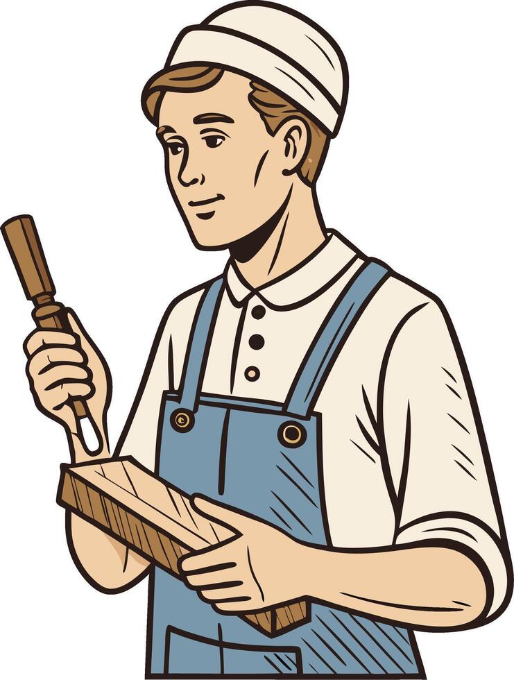 Craftsman Carving Woodworker Holding Chisel and Wooden Block Art Illustration for Tattoo Design vector