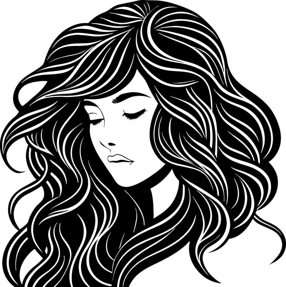 Elegant Woman with Flowing Hair Black and White Illustration for Tattoo Design and Art vector
