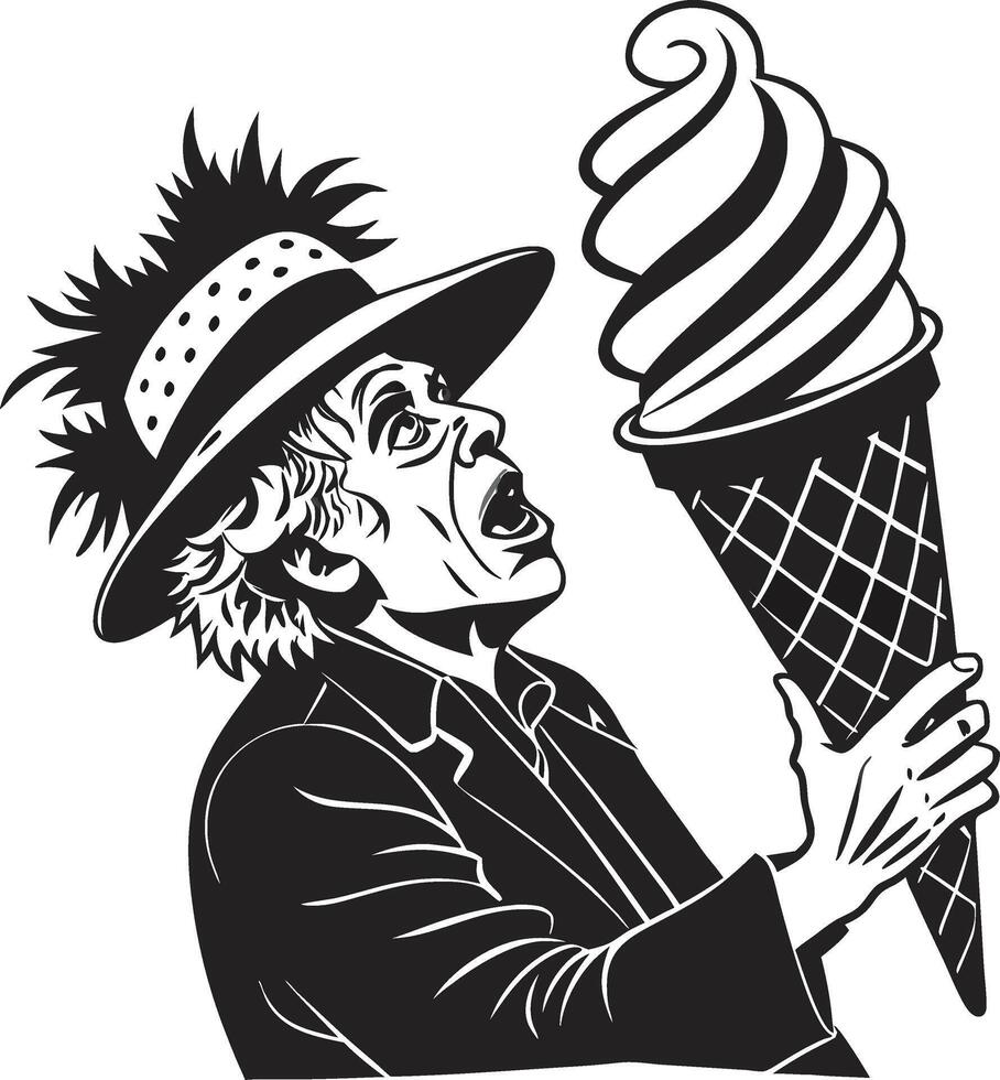 Excited Man with Hat Enjoying Giant Ice Cream Cone Design for Fun Illustrations and T-Shirt Graphics vector
