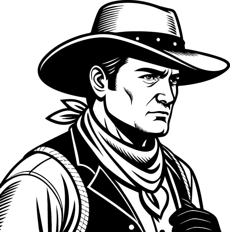 Western Cowboy Character Portrait with Hat and Bandana for Tattoo Design and Artwork vector